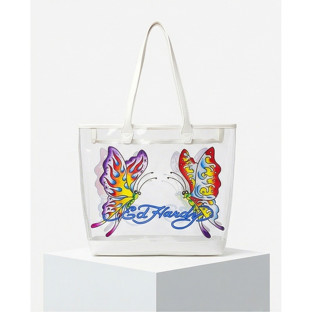 Ed Hardy Clear PVC Butterfly Beach Tote Bag & Zip Pouch Purple White 14x13x6 NWT